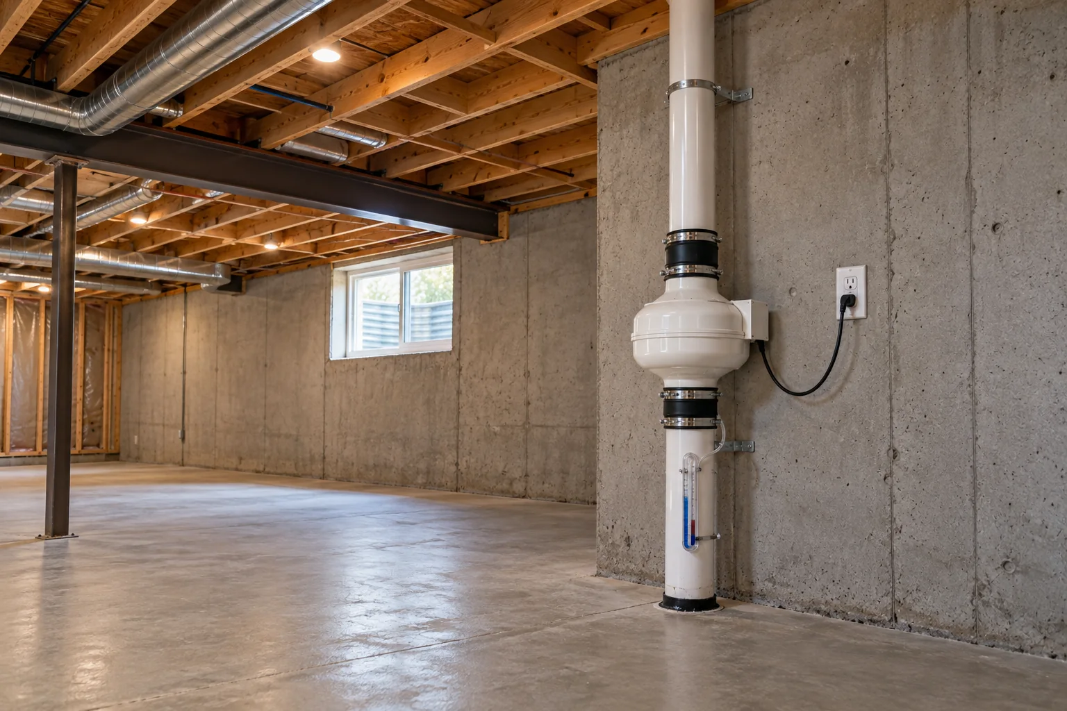 Illustrative residential basement with normal-height joists, radon fan, one power connection and a manometer below the fan
